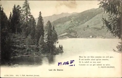 Ak Davos Kanton Graubünden, Seeansicht, Wald, Gedicht