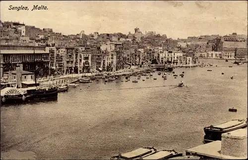 Ak Senglea Malta, Stadtpanorama, Hafen, Dampfer