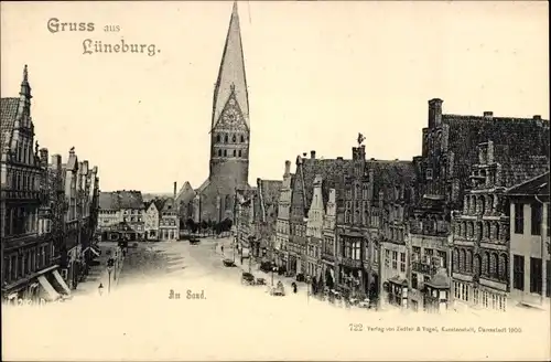 Ak Lüneburg, Am Sand, Straßenpartie, Kirche