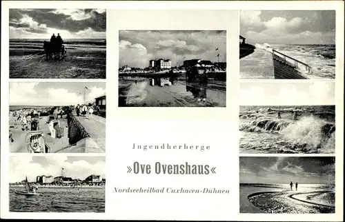 Ak Duhnen Cuxhaven, Jugendherberge Ove Ovenshaus, Pferdekutsche, Brandung, Strand