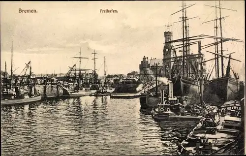 Ak Hansestadt Bremen, Freihafen mit Hafenhaus, Schiffe