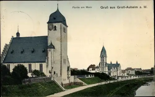 Ak Groß Auheim Großauheim Hanau am Main, Partie am Main, Kirche