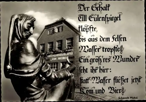 Ak Mölln im Herzogtum Lauenburg, Eulenspiegelklause Zum Michel, Gedicht, Eulenspiegelbrunnen