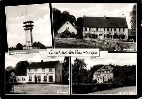 Ak Nottuln in Westfalen, Baumberge, Longinusturm, Geschäftshaus Hülsmann, Jugendherberge, Marienhof