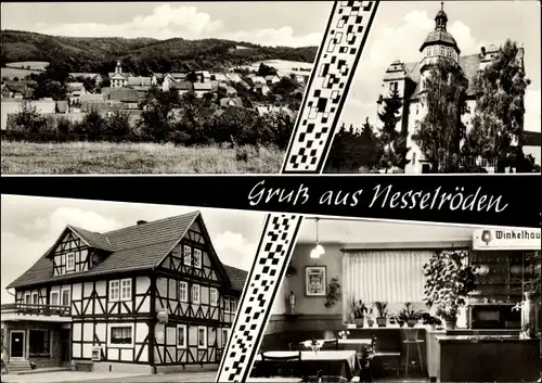 Ak Nesselröden Herleshausen in Hessen, Fleischerei Gaststätte Ernst Schalles, Fachwerkhaus, Panorama