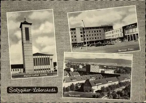 Ak Lebenstedt Salzgitter in Niedersachsen, Martin Luther Kirche, Berliner Platz, Teilansicht