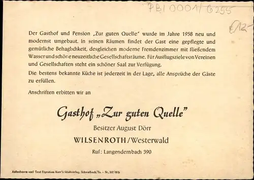 Ak Wilsenroth Dornburg im Westerwald Hessen, Gasthof Zur guten Quelle, Kirche, Panorama