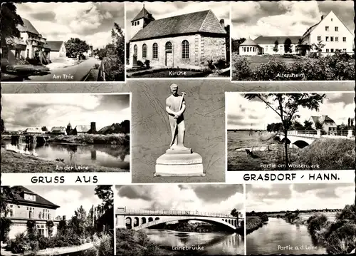 Ak Grasdorf Holle Niedersachsen, Am Thie, Kirche, Altersheim, An der Leine, Partie am Wasserwerk