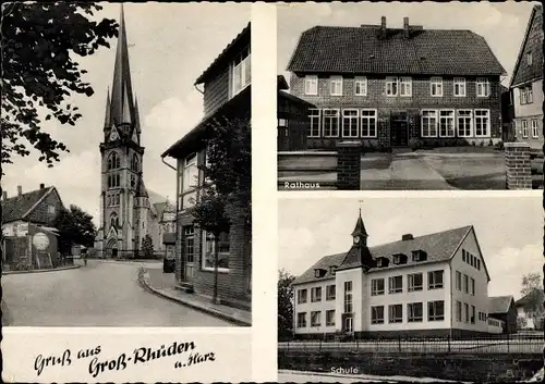 Ak Groß Rhüden Seesen Niedersachsen, Kirche, Rathaus, St. Georg Schule