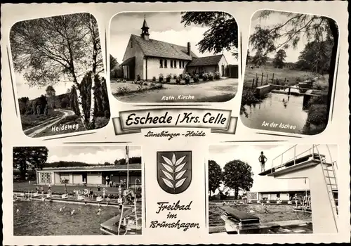 Ak Eschede in der Lüneburger Heide, Heideweg, Kath. Kirche, An der Aschau, Freibad im Brunshagen