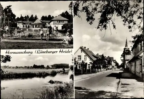 Ak Hermannsburg Südheide in der Lüneburger Heide, Freibad, Gewässer, Dorfstraße