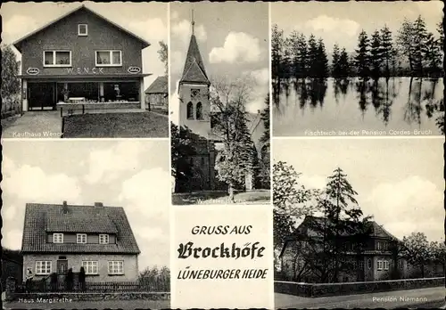 Ak Brockhöfe Wriedel in der Lüneburger Heide, PEnsion Niemann, Fischteich, Kaufhaus Wenck, Haus