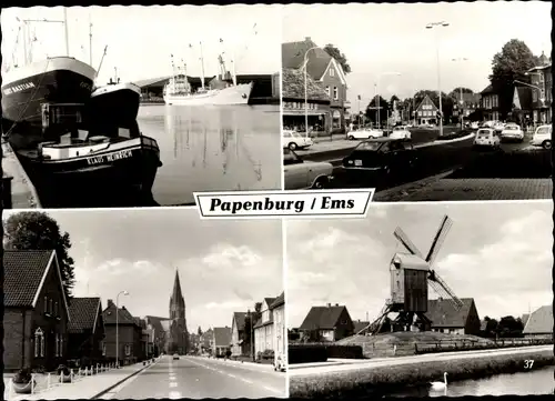Ak Papenburg im Emsland, Windmühle, Stadtansichten, Hafen, Schlepper Klaus Heinrich