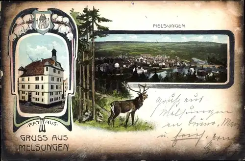 Passepartout Ak Melsungen in Hessen, Rathaus, Panorama, Hirsch