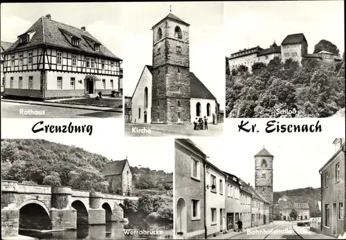 Ak Creuzburg an der Werra, Rathaus, Kirche, Schloss, Werrabrücke, Bahnhofstraße