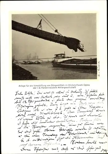 Ak Oppau Ludwigshafen am Rhein, Anlage für Verschiffung von Düngemitteln der I.G. Farbenindustrie