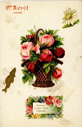 Ak Glückwunsch 1. April, Rosen im Korb, Fisch