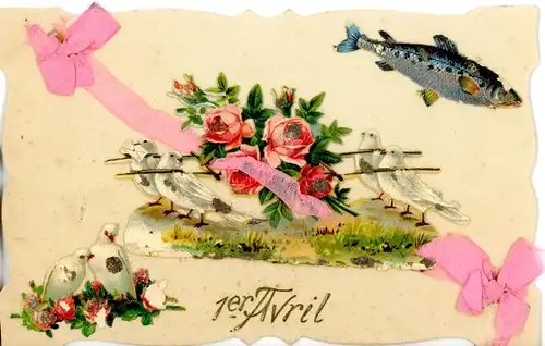 Stoff Ak Glückwunsch 1. April, Fisch, Tauben, Rosen, Stoffschleifen