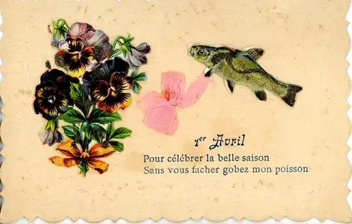 Präge Stoff Ak Glückwunsch 1. April, Fisch, Stiefmütterchen, Blumenstrauß