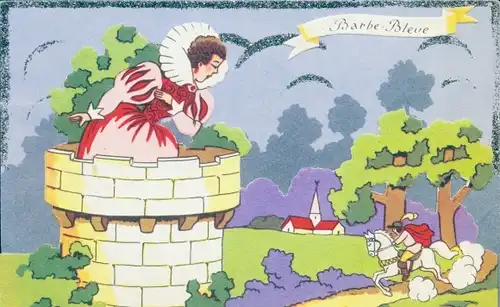Glitzer Ak Gefangengenommene Prinzessin, Retter zu Pferde, Turm