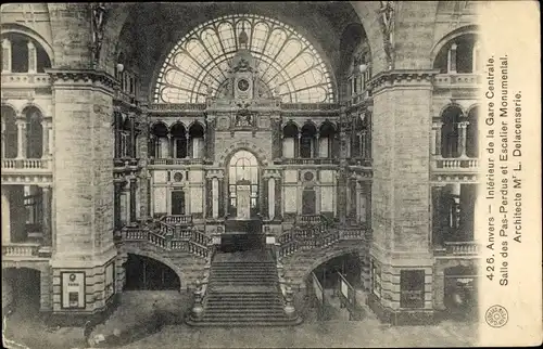 Ak Anvers Antwerpen Flandern, Innenraum des Hauptbahnhofs, Salle des Pas-Perdus und Treppenhaus