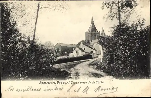 Ak Bon Secours Bonsecours Péruwelz Hennegau, Blick auf die Kirche vom Wald aus