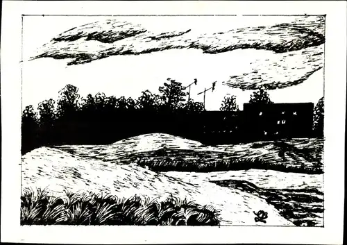 Künstler Ak Blick auf eine Ortschaft, Kräne, Wiese