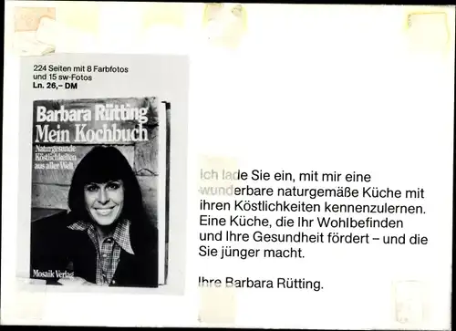 Ak Schauspielerin Barbara Rütting, Portrait, eigenes Kochbuch, Autogramm