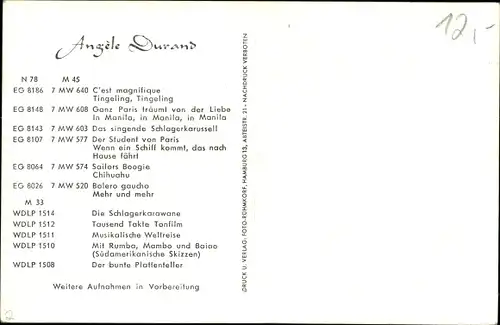 Ak Sängerin und Schauspielerin Angèle Durand, Portrait, Autogramm, Schmuck, Halskette, Ohrring