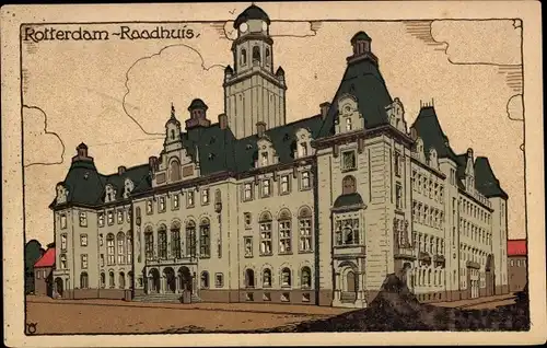Steindruck Ak Rotterdam Südholland Niederlande, Raadhuis