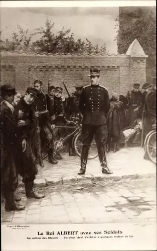 Künstler Ak König Albert I von Belgien mit belgischen Soldaten