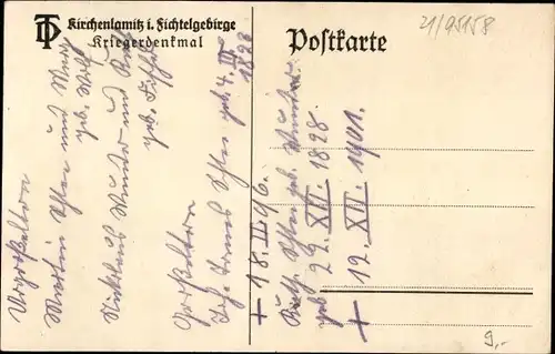 Ak Kirchenlamitz im Fichtelgebirge Oberfranken, Kriegerdenkmal