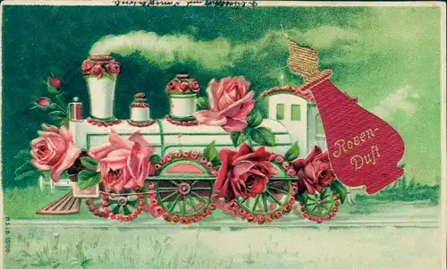 Stoff Ak Eisenbahn mit Rosen geschmückt, Dampflok, Parfumflasche, Rosenduft