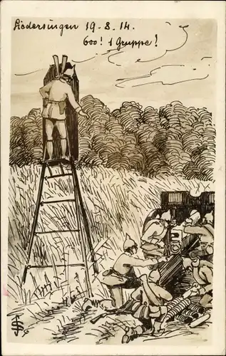 Künstler Ak Liedersingen 1914, Deutsche Soldaten in Uniformen, Geschütz wird geladen, I WK