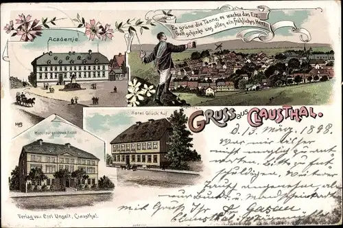 Litho Clausthal Zellerfeld im Oberharz, Akademie, Student, Hotel Glück Auf, Zur goldenen Krone