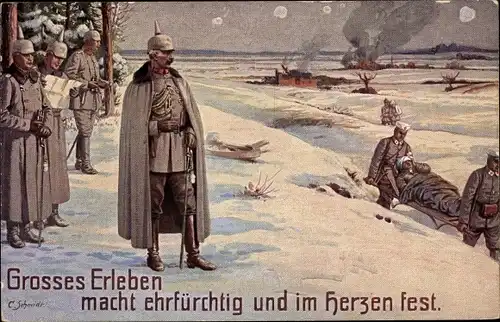 Künstler Ak Schmidt, C., Kaiser Wilhelm II. im Feld, verwundeter Soldat, Sanitäter, I WK