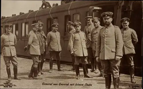 Ak General der Infanterie von Emmich mit seinem Stab, Eisenbahn, I WK