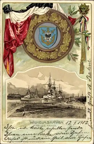 Präge Wappen Litho Wilhelmshaven an der Nordsee, Neuer Hafen, Kriegsschiffe, Kaiserliche Marine