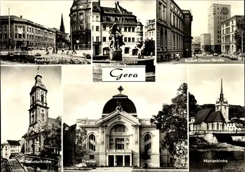 Ak Gera, Puschkinplatz, Salvatorkirche, Theater, Marienkirche, Rudolf Diener Straße, Simsonbrunnen