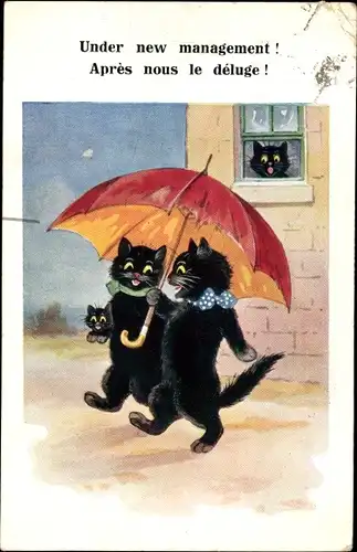 Ak Vermenschlichte Katzen mit einem Regenschirm