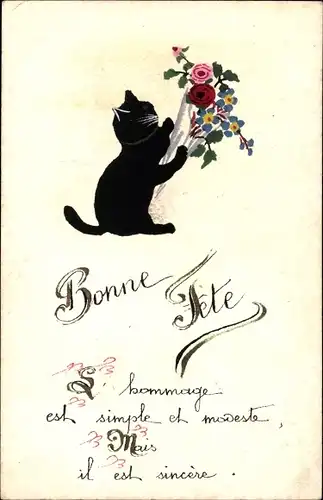 Ak Glückwunsch, schwarze Katze mit Blumenstrauß