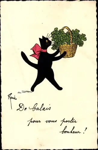 Künstler Ak René, Glückwunsch, schwarze Katze, Korb mit Kleeblättern