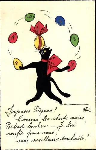 Künstler Ak René, Glückwunsch Ostern, schwarze Katze jongliert Ostereier