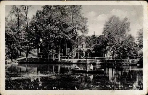 Ak Ronneburg in Thüringen, Blick zur Talmühle, Teich mit Ruderboot