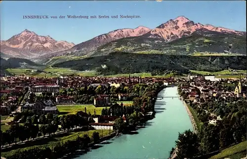 Ak Innsbruck in Tirol, Totale von der Weiherburg mit Serles und Nockspitze