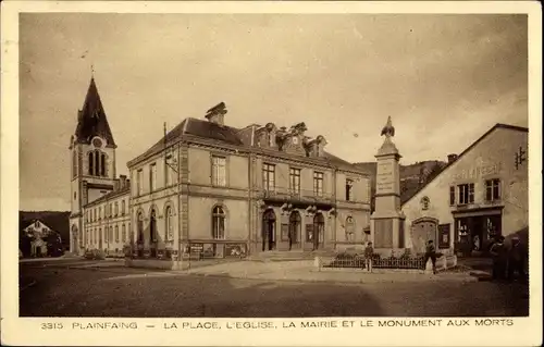 Ak Plainfaing Vosges, der Platz, die Kirche, das Rathaus und das Kriegerdenkmal