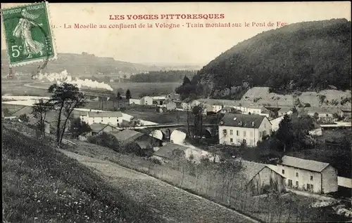 Ak Les Vosges Pittoresques, La Moselle au confluent de la Vologne, Traint montant sur le Pont de Fer