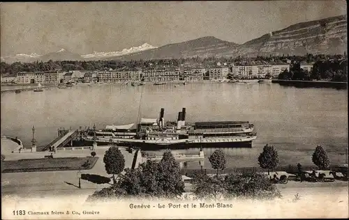 Ak Genève Genf Schweiz, Hafen, Salondampfer, Stadt, Mont Blanc