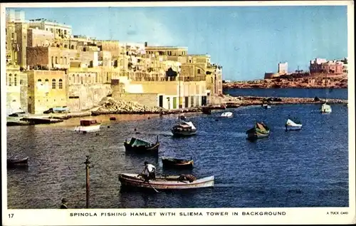 Ak Malta, Fischerdorf Spinola, Sliema Tower im Hintergrund