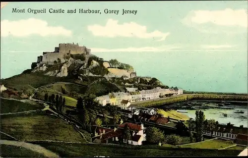 Ak Gorey Saint Martin Jersey Kanalinseln, Mont Orgueil Castle und Hafen